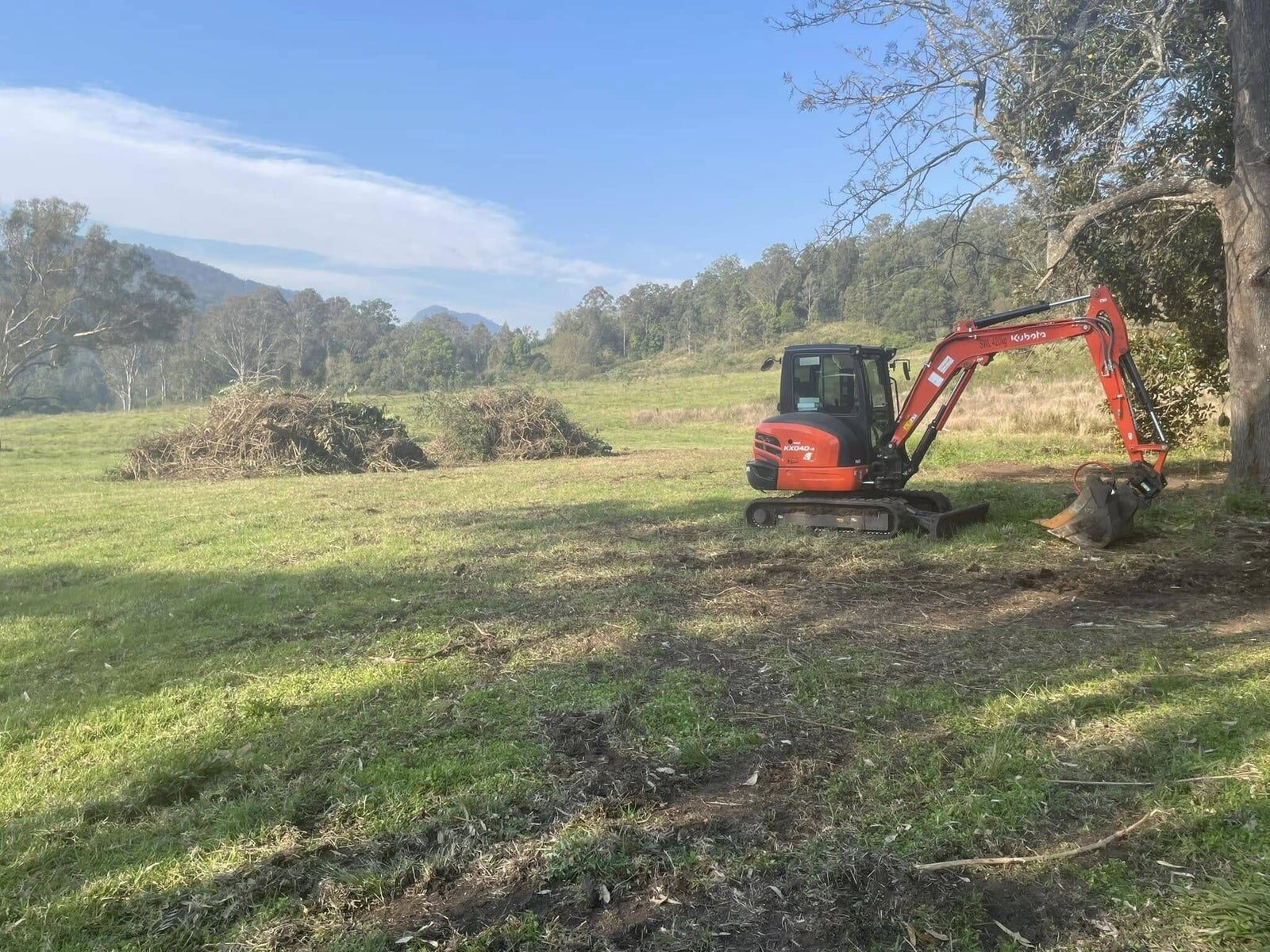 Excavator clearing an open paddock with the Kyogle hills behind